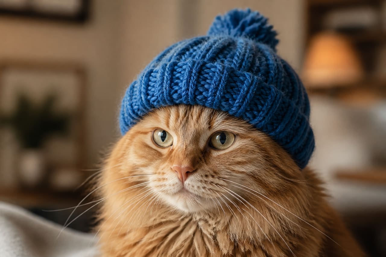 Ginger Cat Wearing a Small Blue Knit Beanie