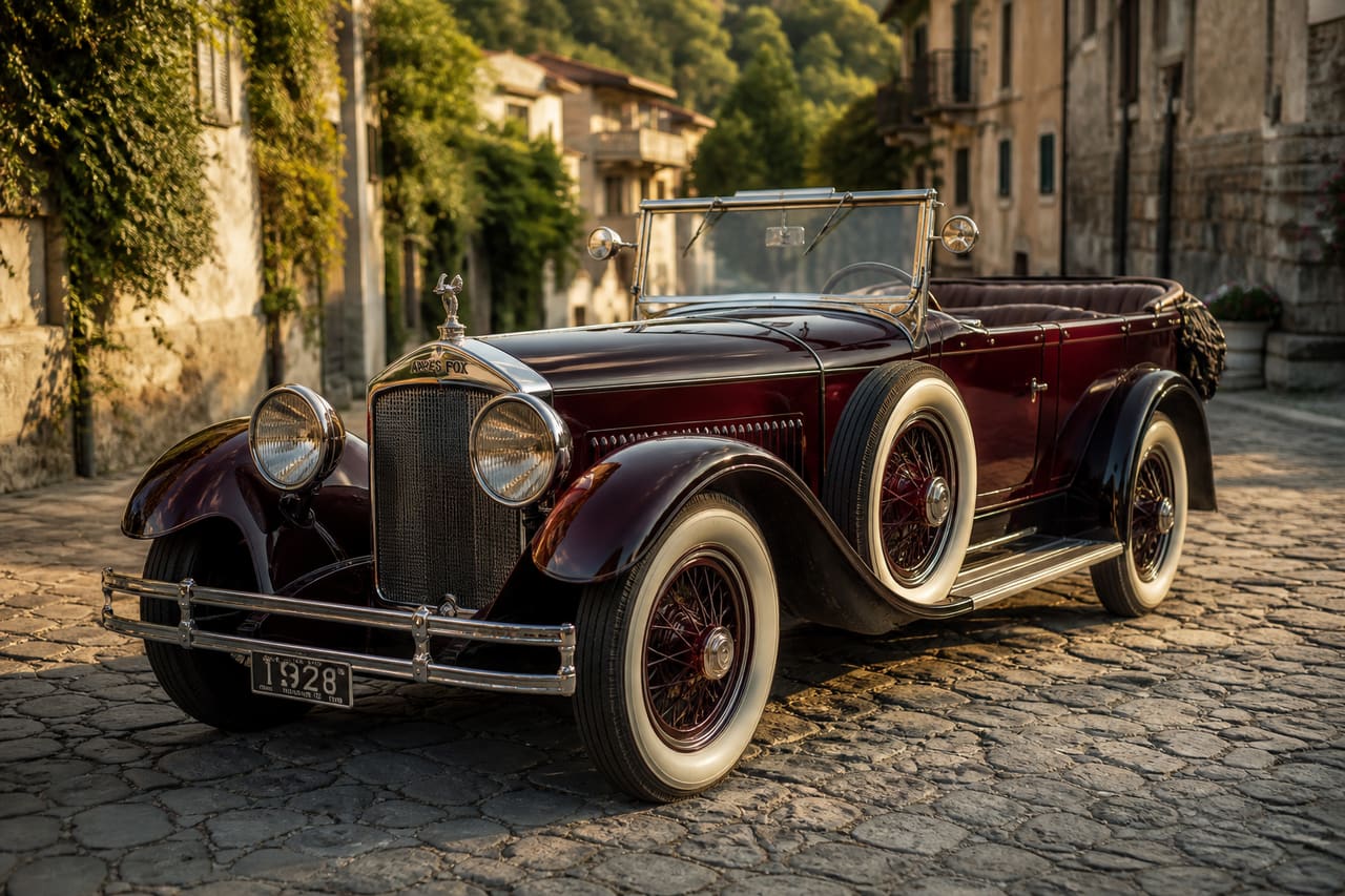 Vintage Arens Fox Luxury Automobile Parked on a Cobblestone Street
