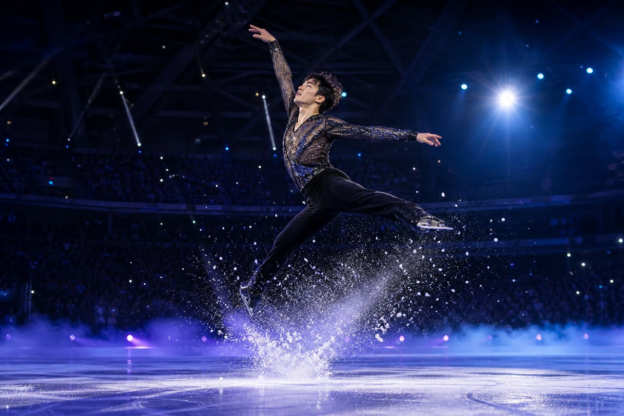 Professional Figure Skater Performing in a Grand Ice Arena