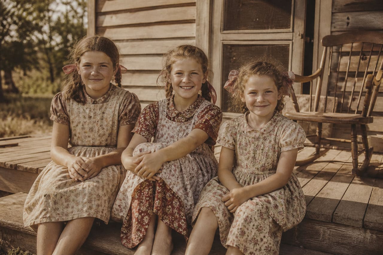Three Vintage Sisters Sitting on a Rural Farmhouse Porch