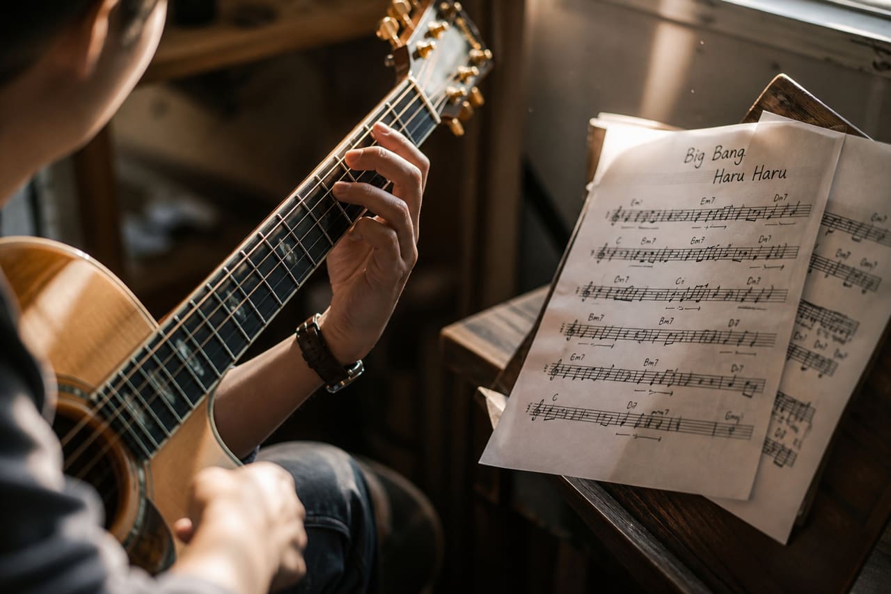 Musician Playing Big Bang Haru Haru Chords on Acoustic Guitar
