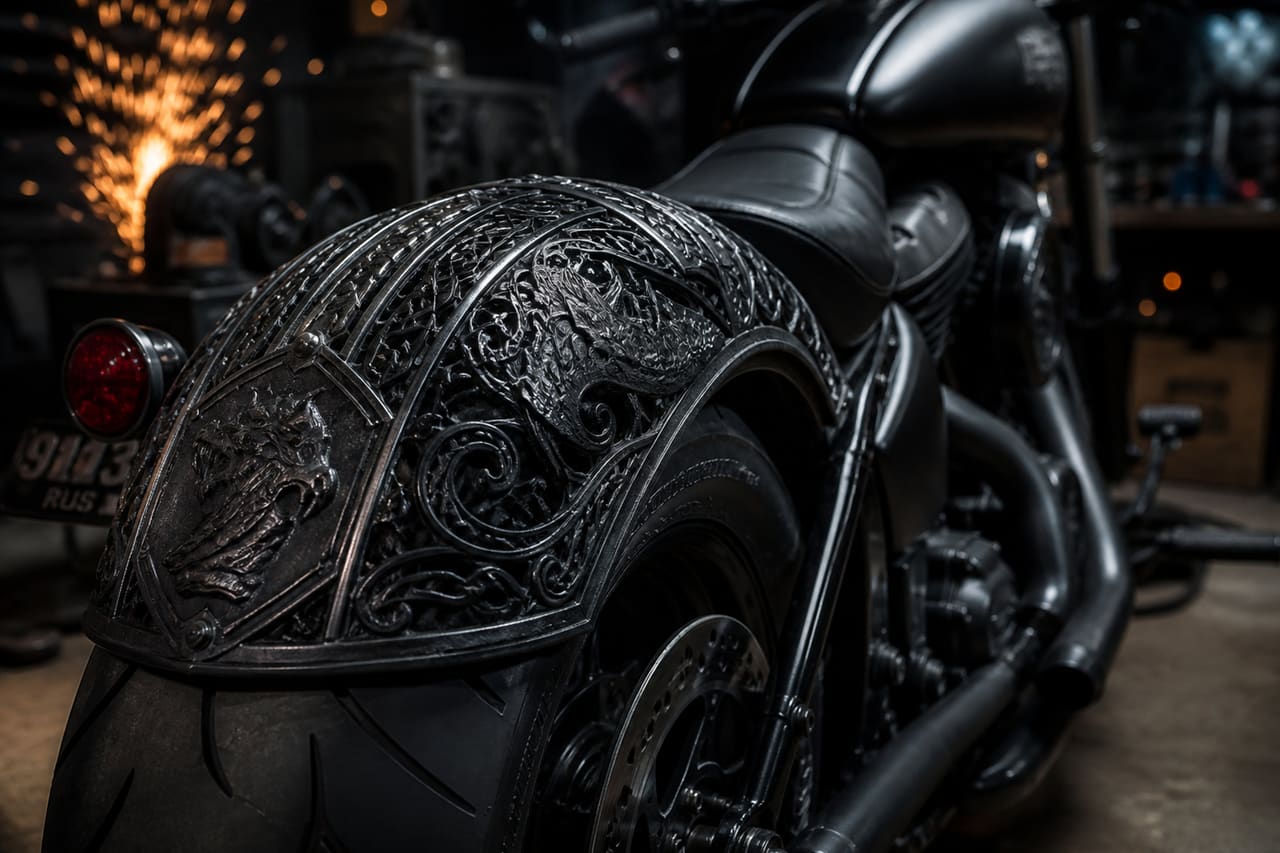 Ornate Fantasy Inspired Custom Motorcycle Fender in a Workshop