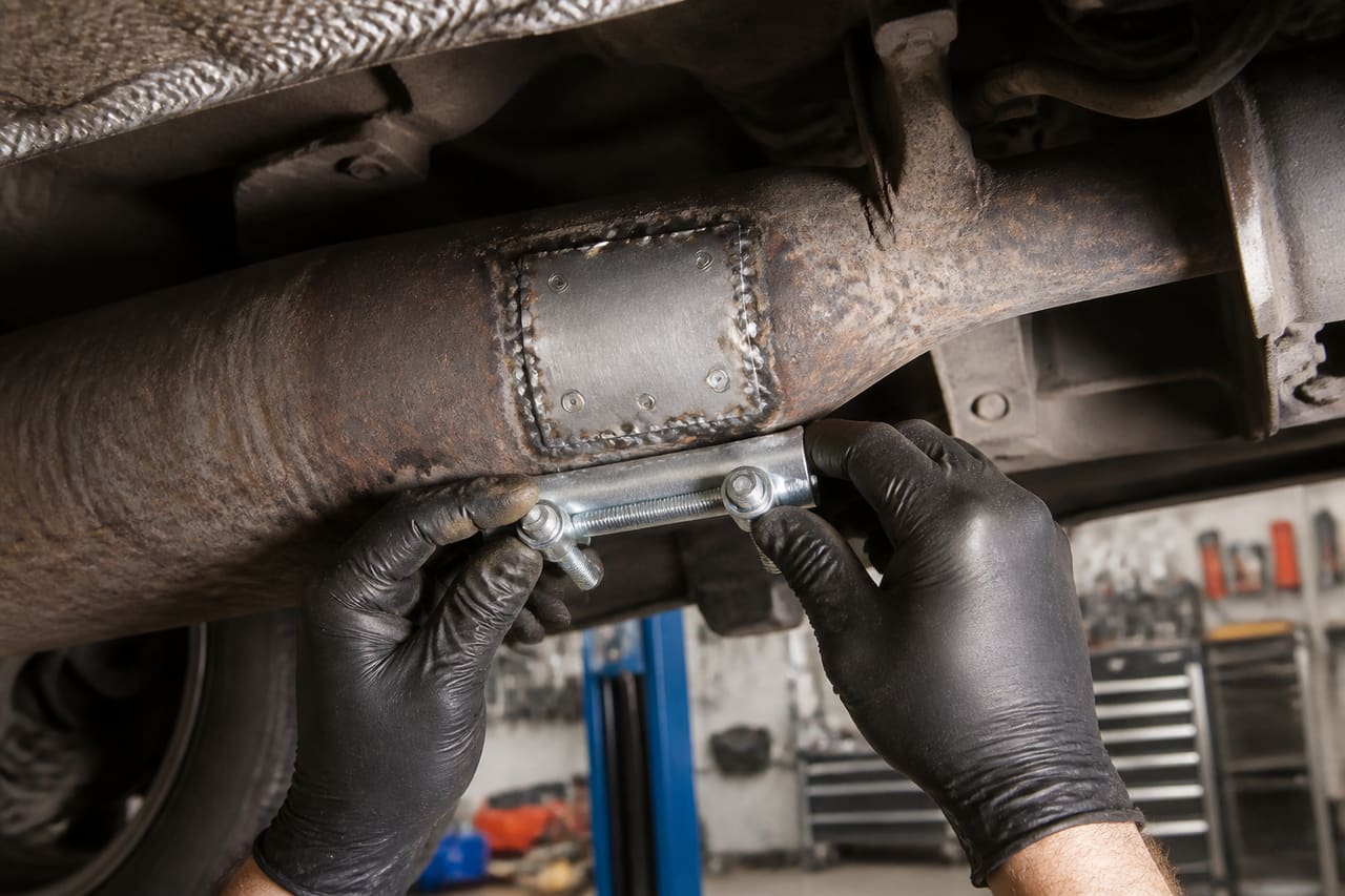 Mechanic Repairing a Hole in a Car Muffler
