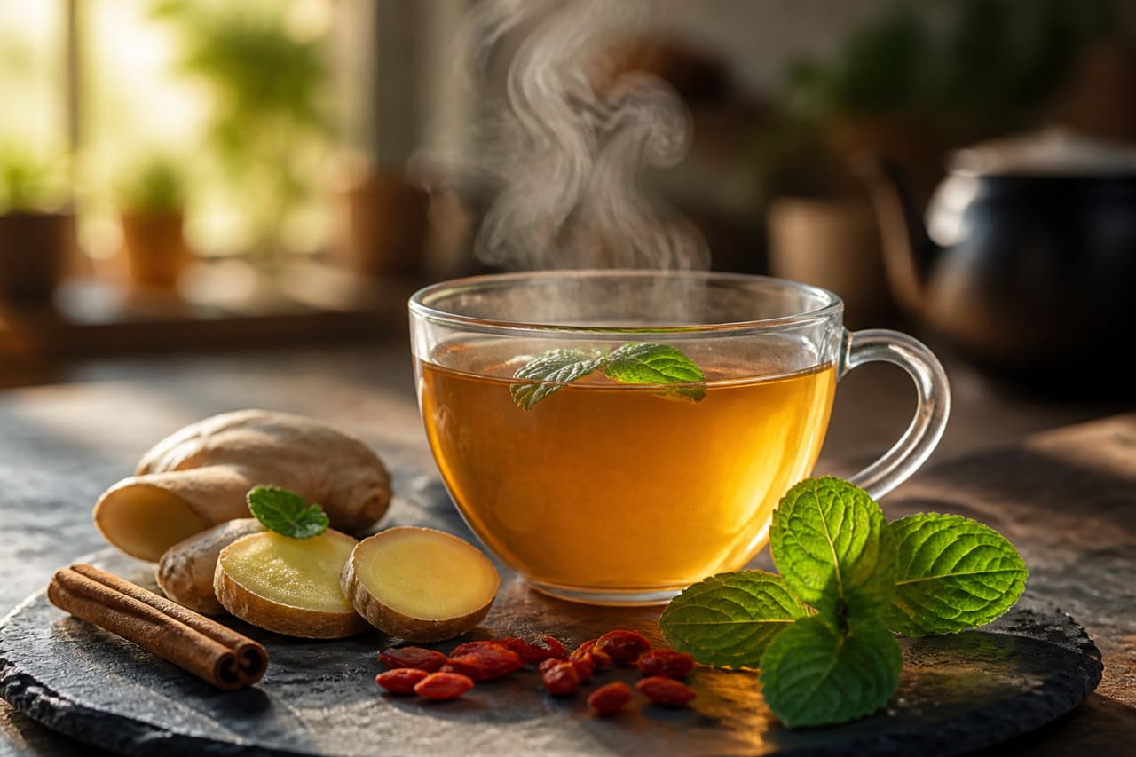 Steaming Cup of Energy Boosting Herbal Tea with Ginger and Cinnamon