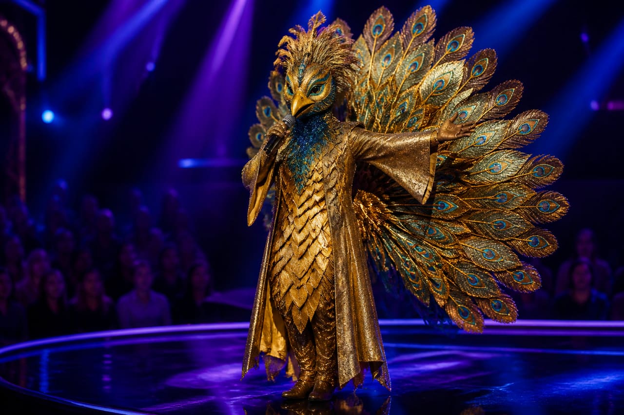 Performer in Elaborate Golden Costume on a Musical Stage
