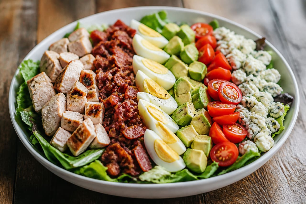 Fresh Cobb Salad with Chicken and Avocado in White Bowl