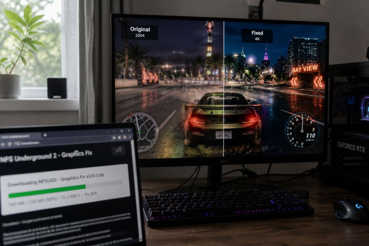 Gaming Monitor Showing Comparison of Game Graphics Fix