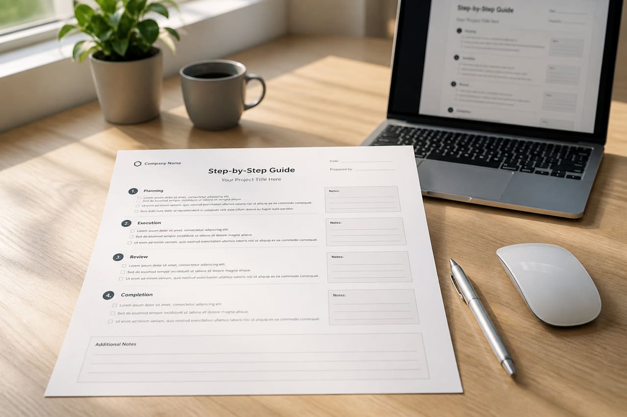 Printed Step by Step Document Template on Modern Office Desk