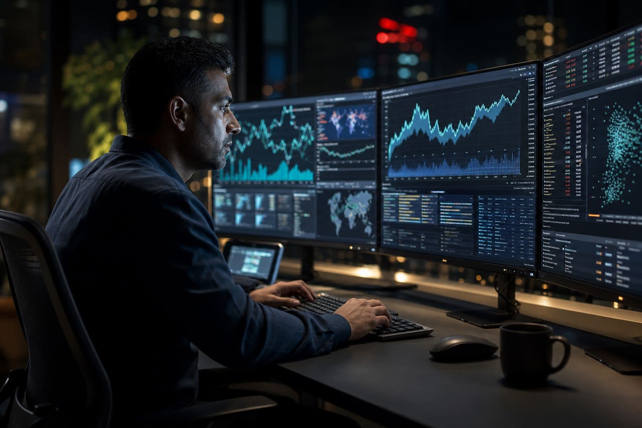 Data Scientist Analyzing Predictive Trends on Multiple Digital Screens