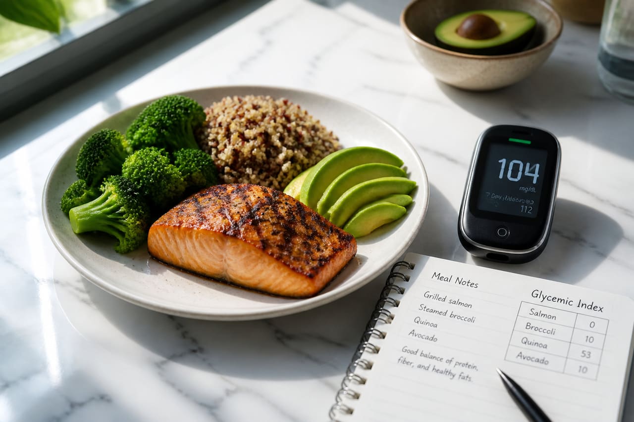 Low Glycemic Index Meal with Glucose Meter on Kitchen Counter