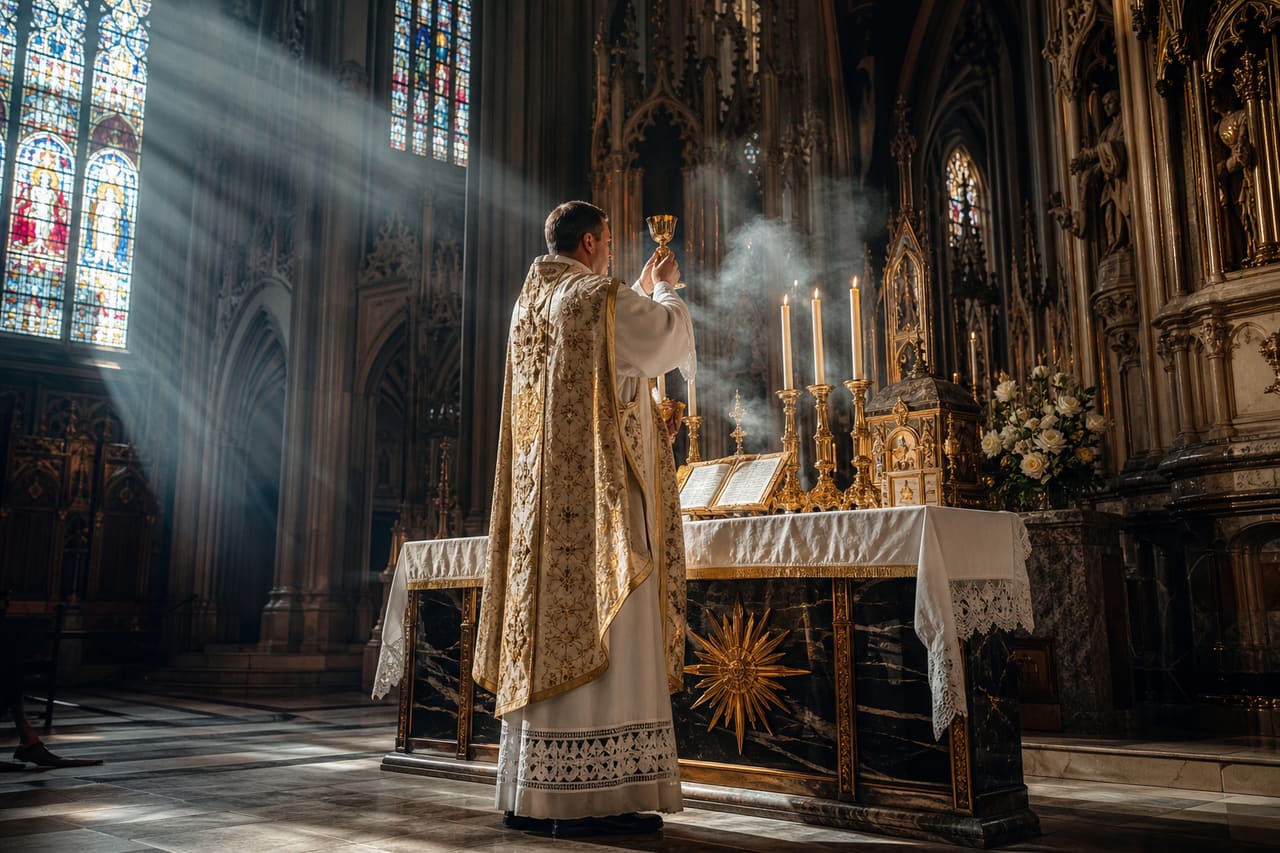 Catholic Priest Celebrating Sancta Missa in a Gothic Cathedral