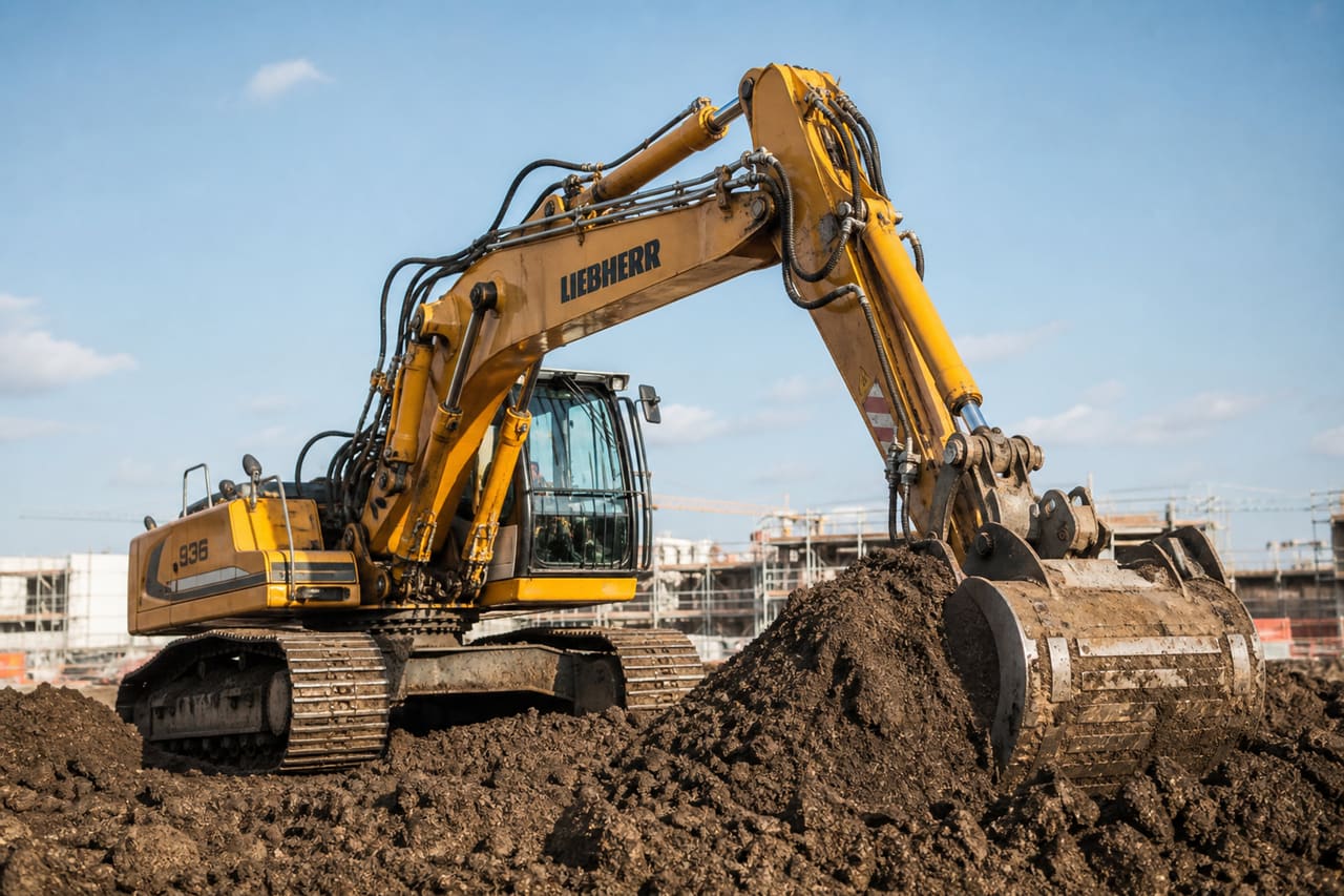 German Earth Mover Excavating Soil at a Construction Site