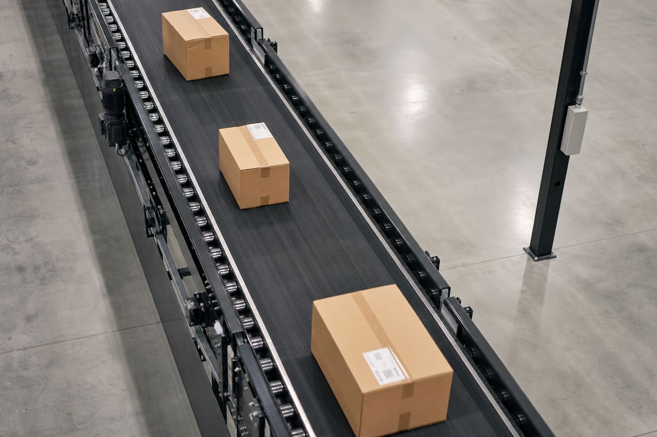 36x5 Rubber Belt Conveyor System in Industrial Warehouse