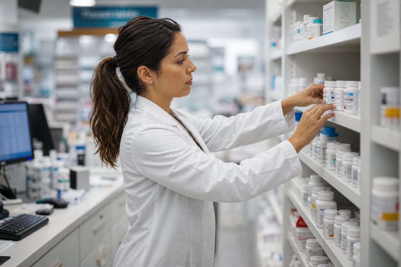 Pharmacy Technician Organizing Medication in a Modern Drugstore
