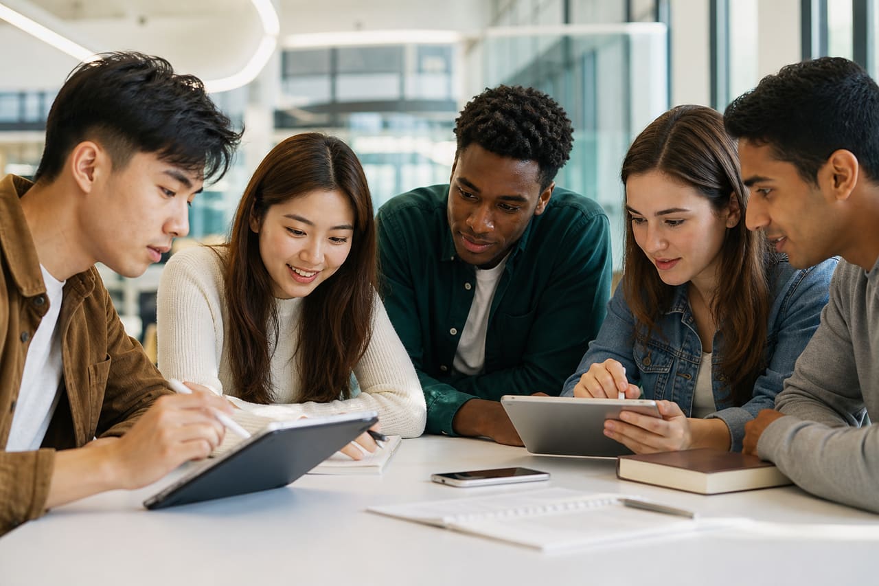 Diverse Group of Students Using Tablets in a Modern Classroom