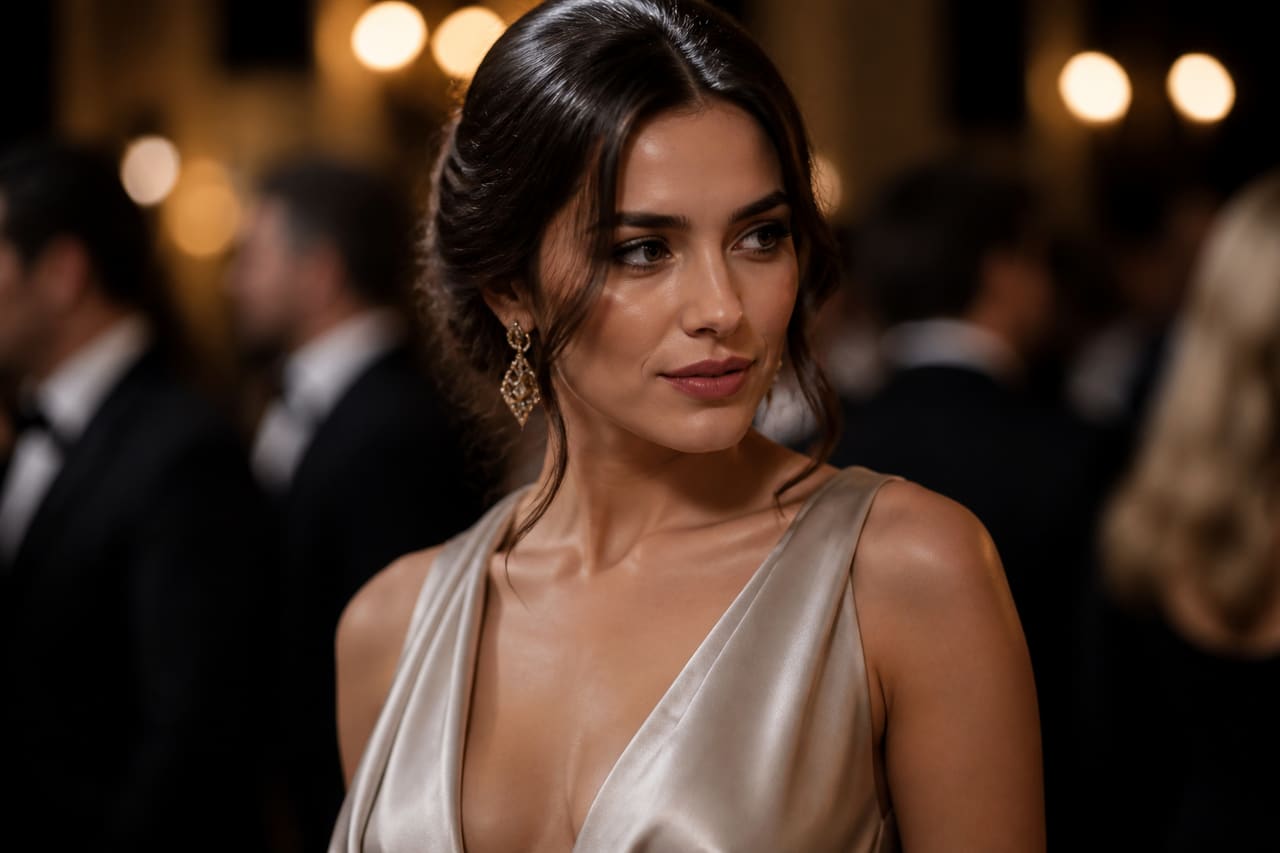 Woman Wearing Elegant Low Cut Evening Gown at Gala