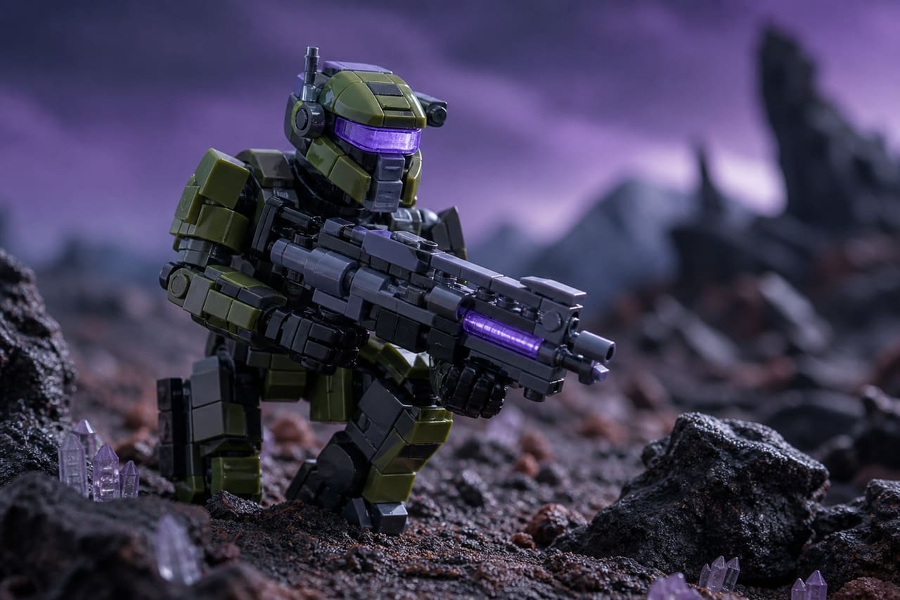 Sci-Fi Hunter Figure Built from Plastic Building Bricks