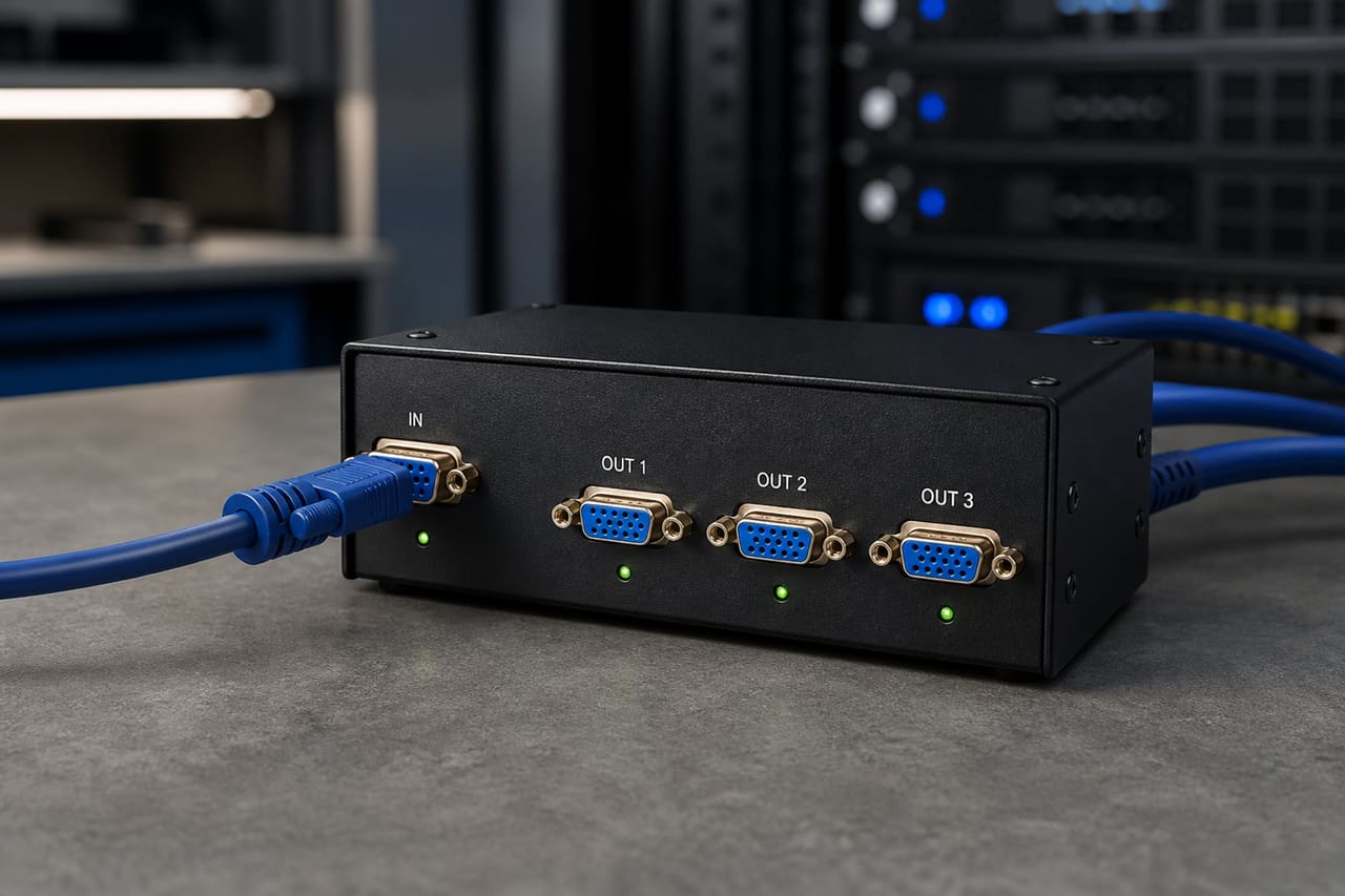 Triple Vga Splitter with Blue Cables on Technical Workbench