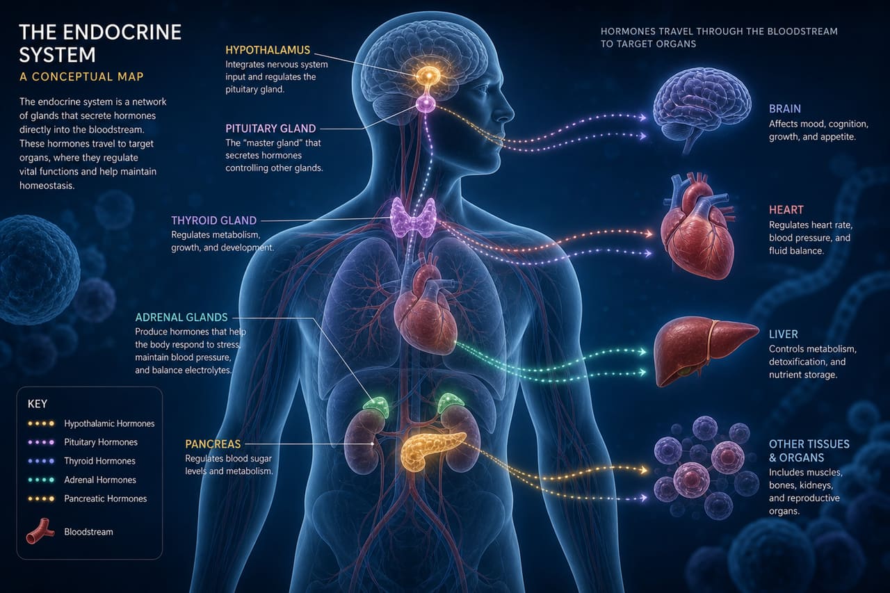Conceptual Illustration of the Human Endocrine System and Hormone Flow