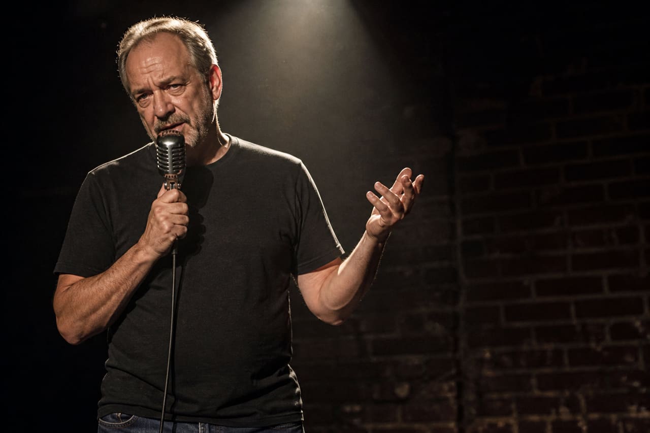 Comedian Performing a Monologue on a Dimly Lit Stage