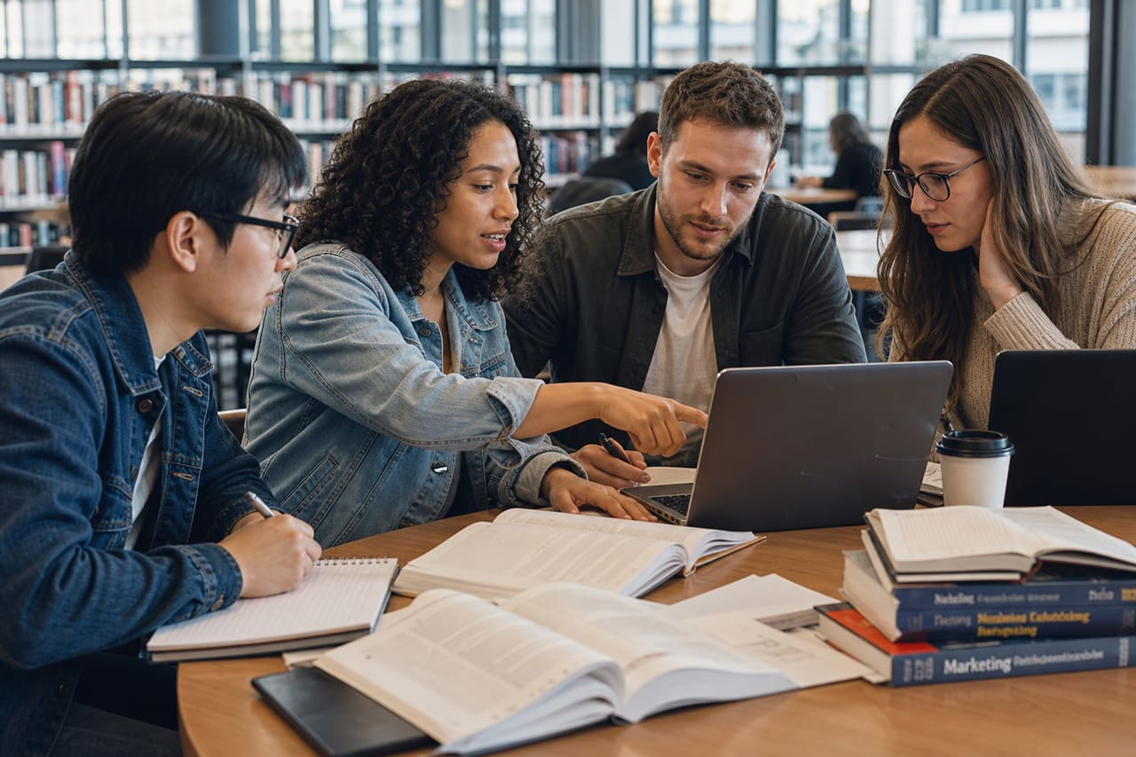 Graduate Students Collaborating in a University Library