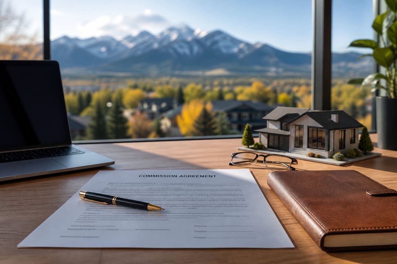 Real Estate Commission Contract and House Model on Office Desk