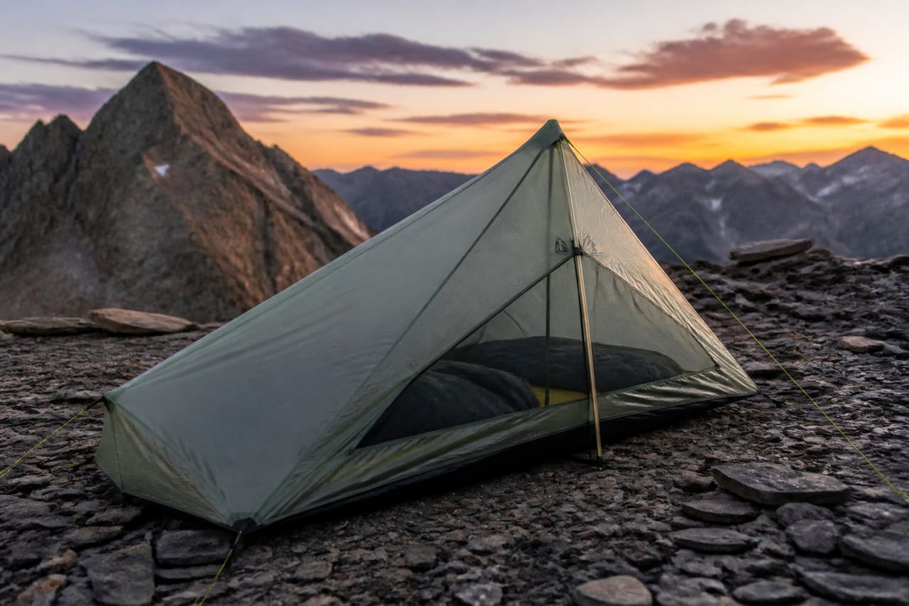Compact Ultralight Tent Pitched on Alpine Mountain Plateau
