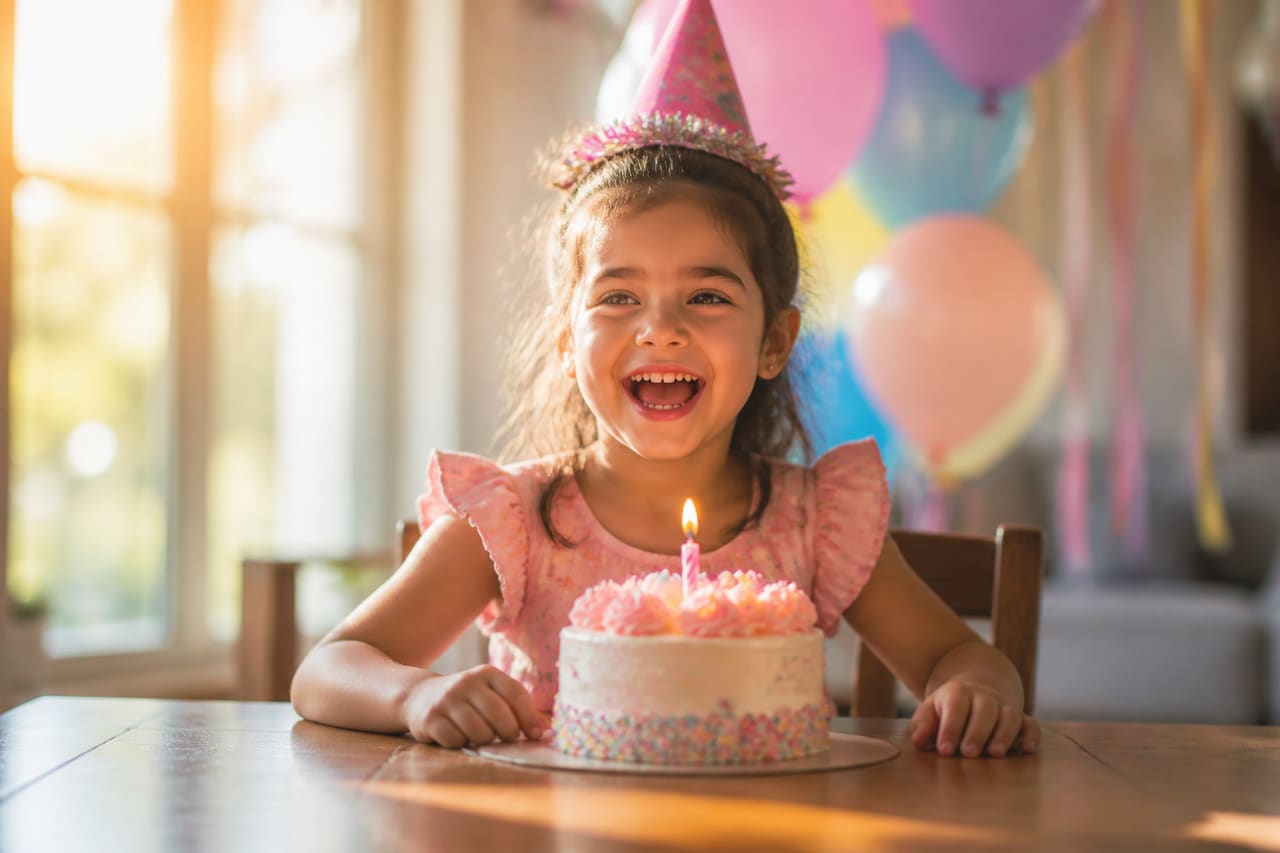 Young Girl Celebrating Birthday with Colorful Balloons and Cake