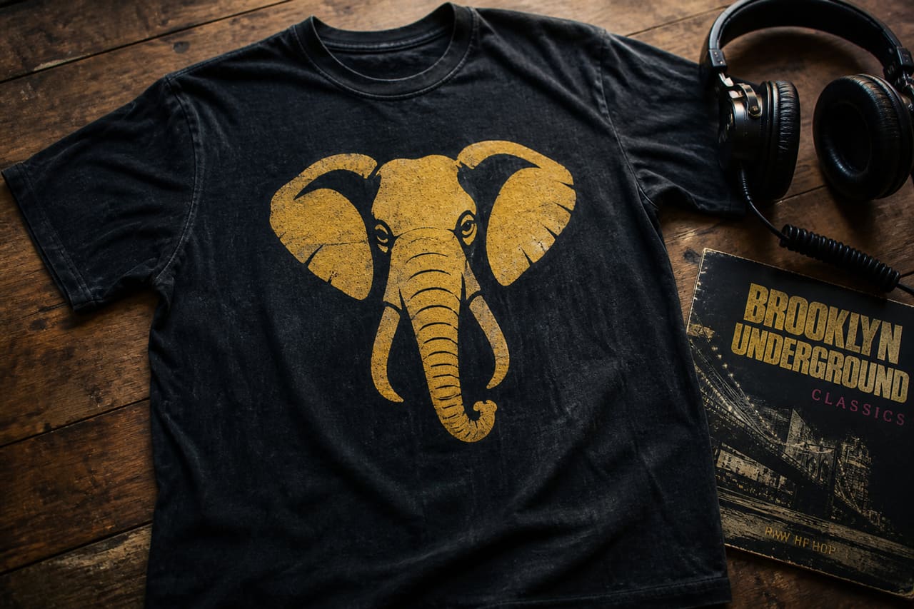 Vintage T-Shirt Featuring an Elephant Logo and Music Gear
