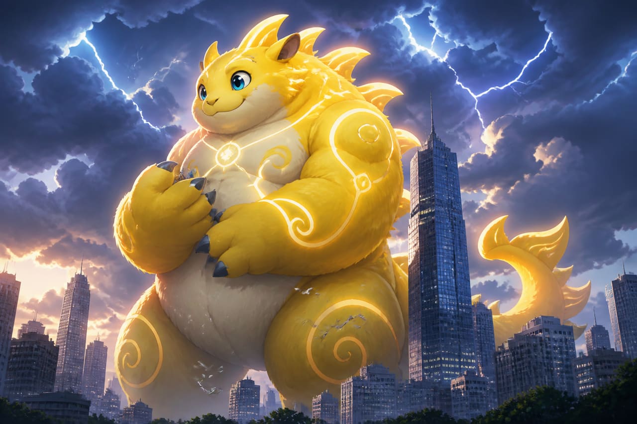 Giant Electric Mouse Creature Towering Over a Modern City Skyline