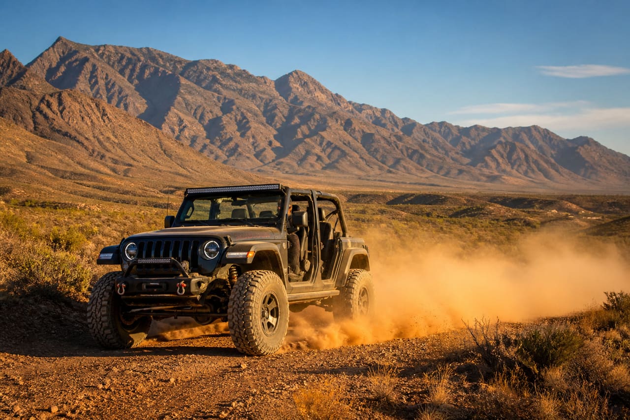 Off-Road Vehicle Driving Through Red Dust in El Paso Texas