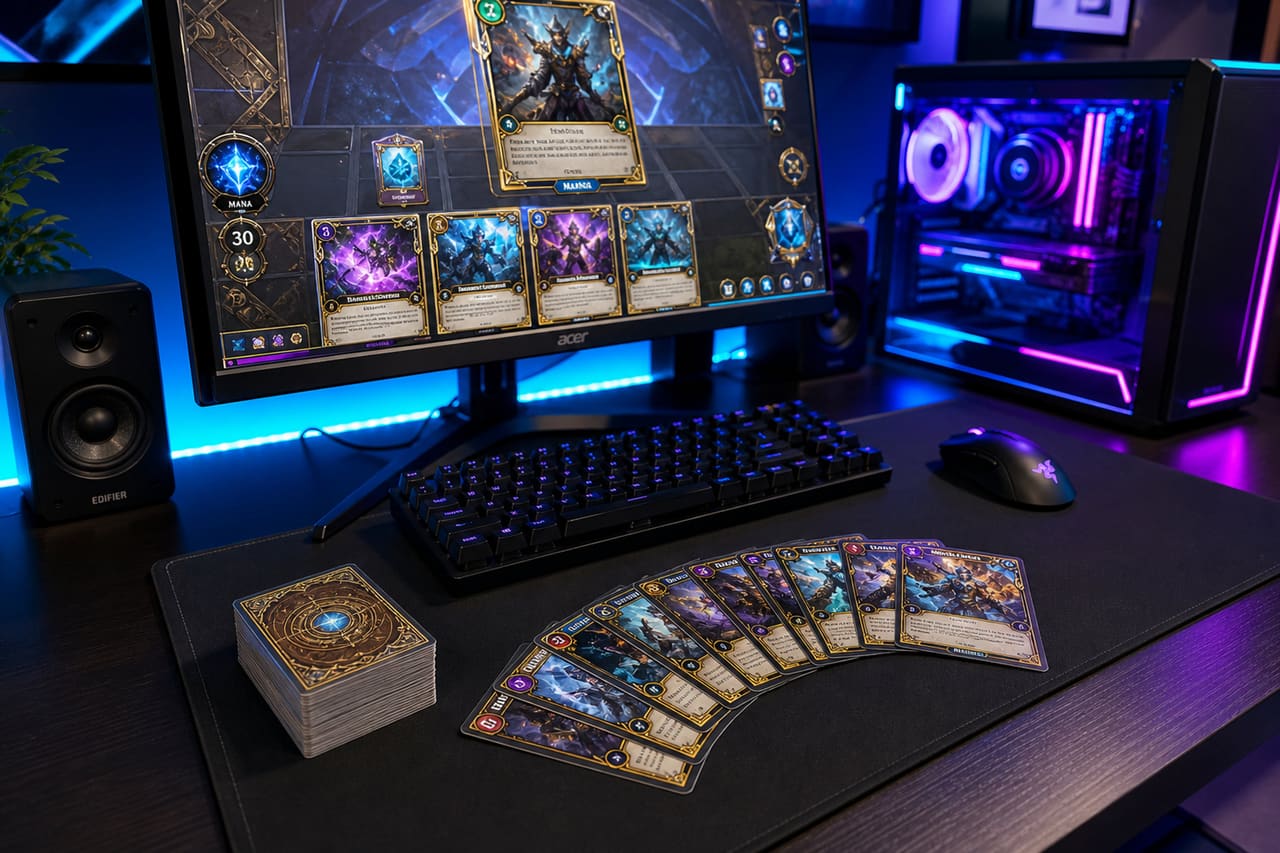 Trading Card Game Setup with Pc and Physical Cards