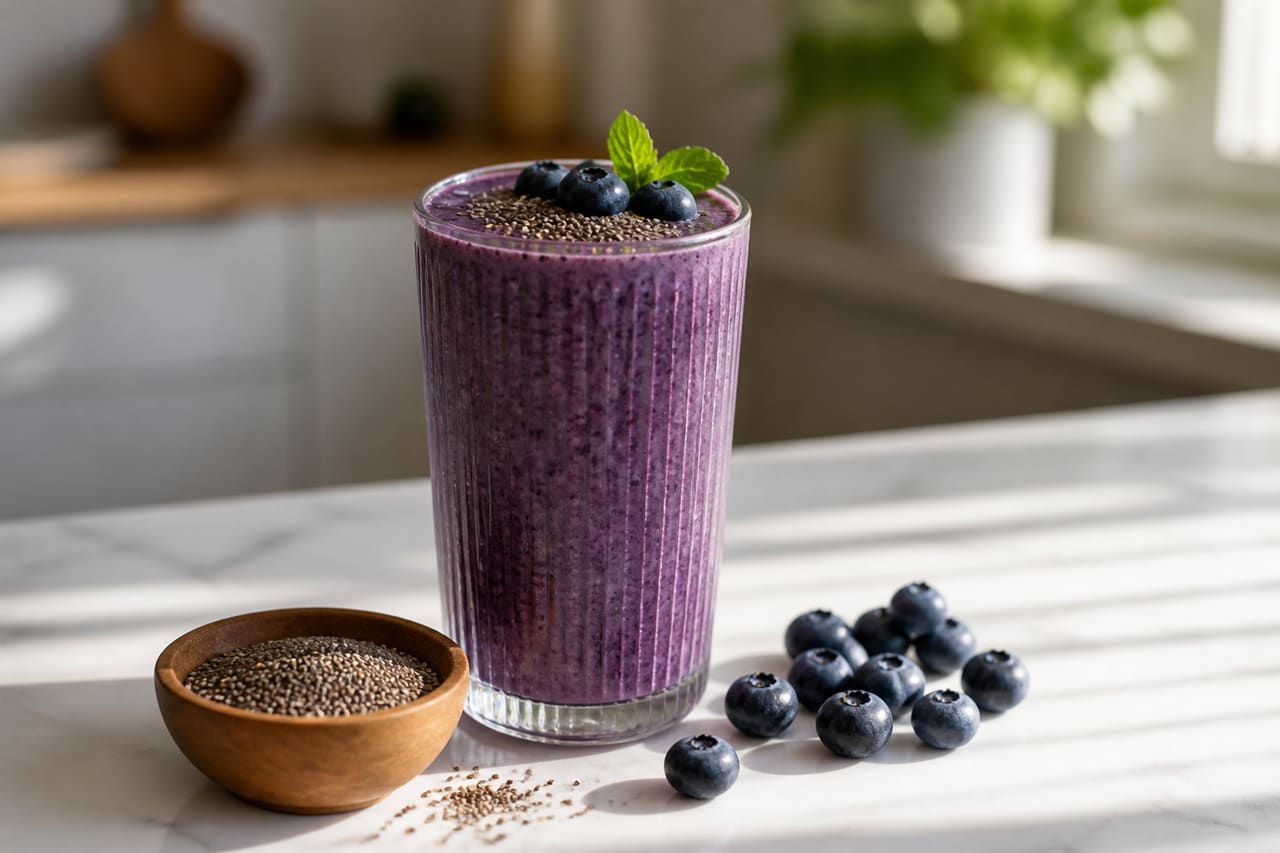 Chia Blueberry Max Smoothie in Glass on Marble Table