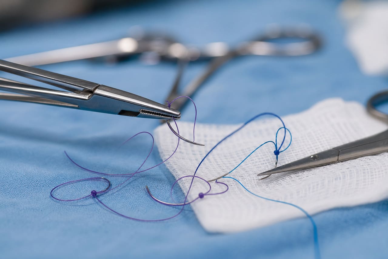 Close-Up of Intraoral Suture Material and Surgical Instruments