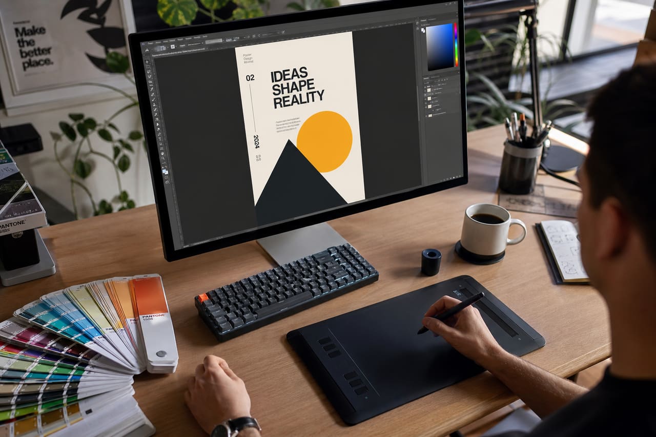Professional Graphic Designer Creating a Minimalist Poster in a Studio