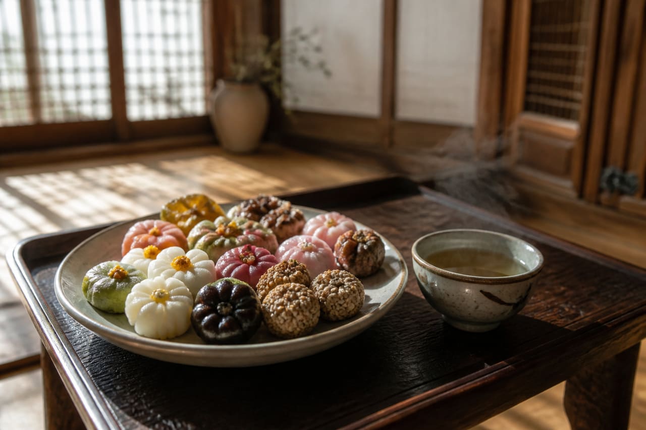 Platter of Traditional Korean Nadong Rice Cakes in Hanok