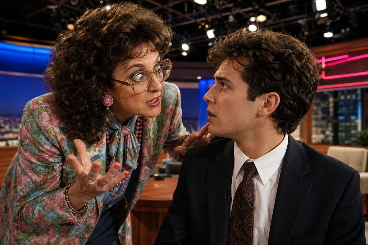 Dramatic Woman Confronting a Young Man on a Comedy Set