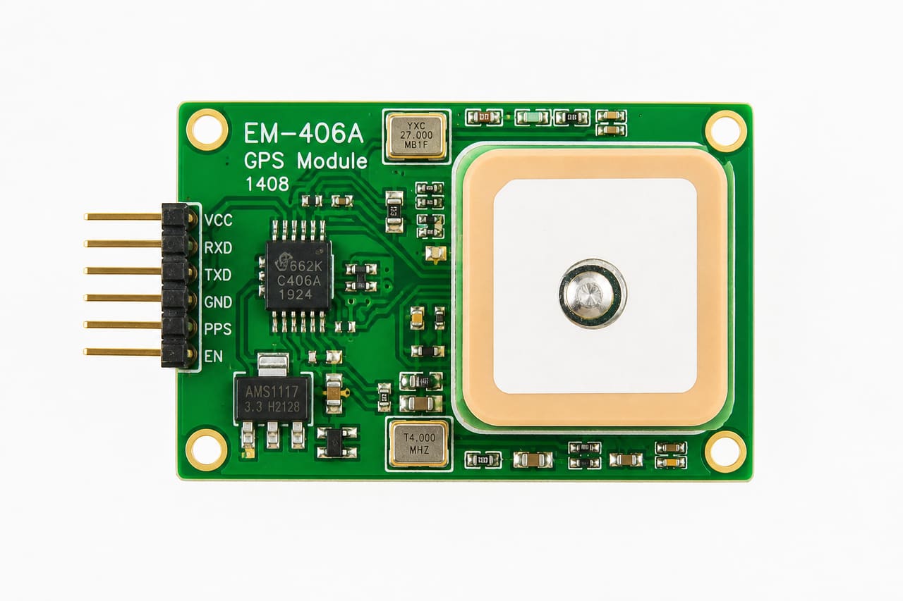 Em-406a GPS Module on a White Technical Background