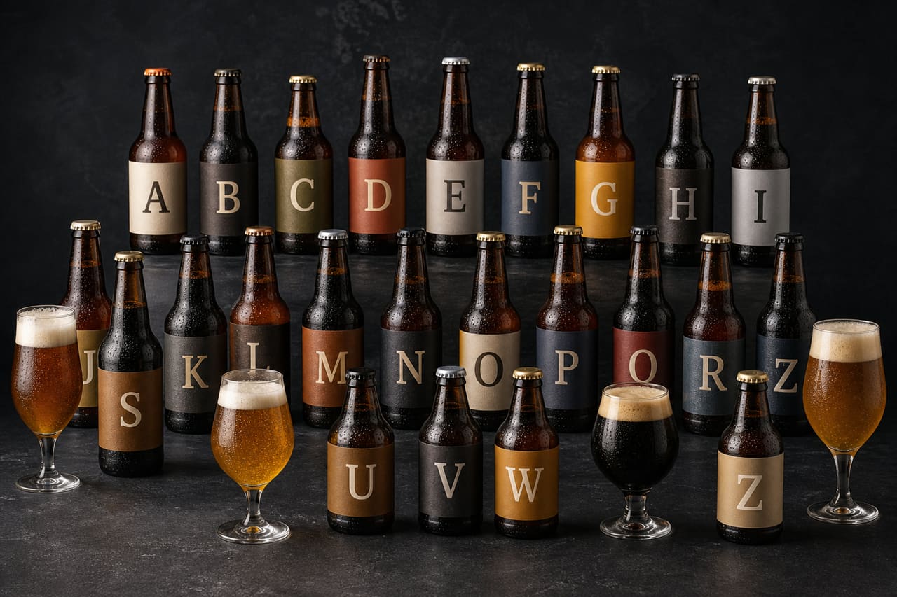 Alphabetical Collection of Craft Beer Bottles on Slate