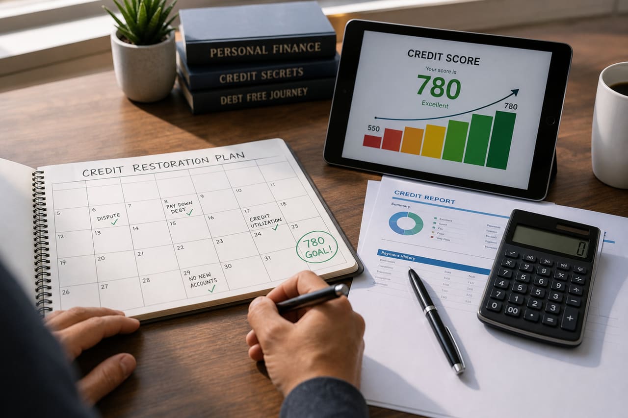 Person Reviewing Credit Score Graph and Calendar on Desk