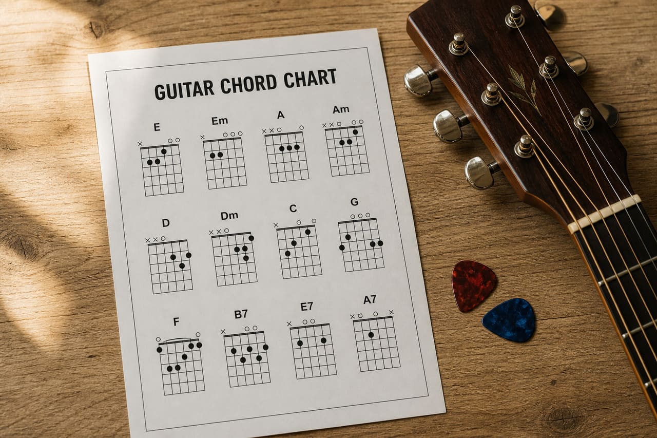 Printed Basic Guitar Chord Sheet on a Wooden Table
