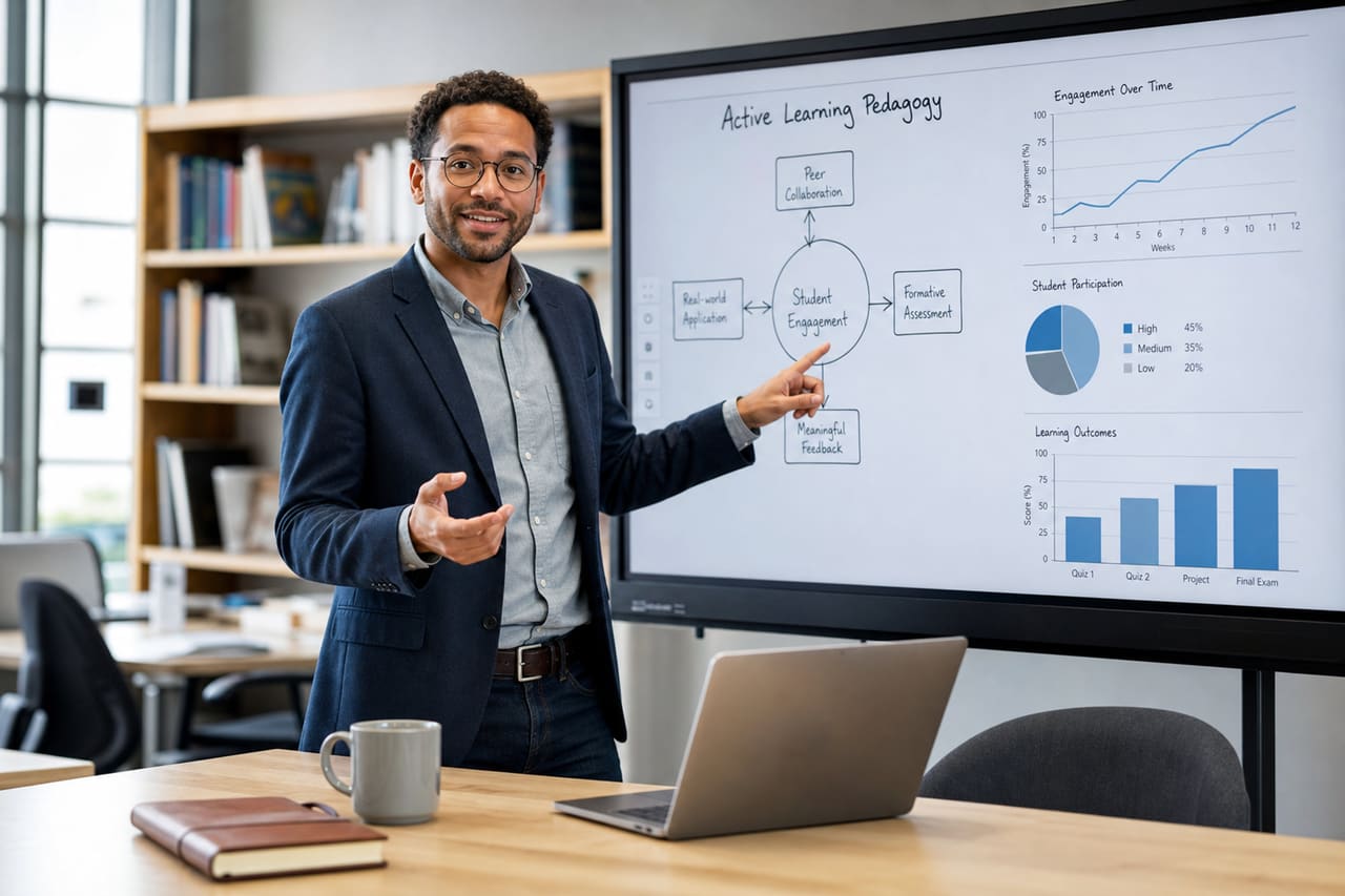 Educator Presenting Pedagogy Diagrams in a Modern University Classroom