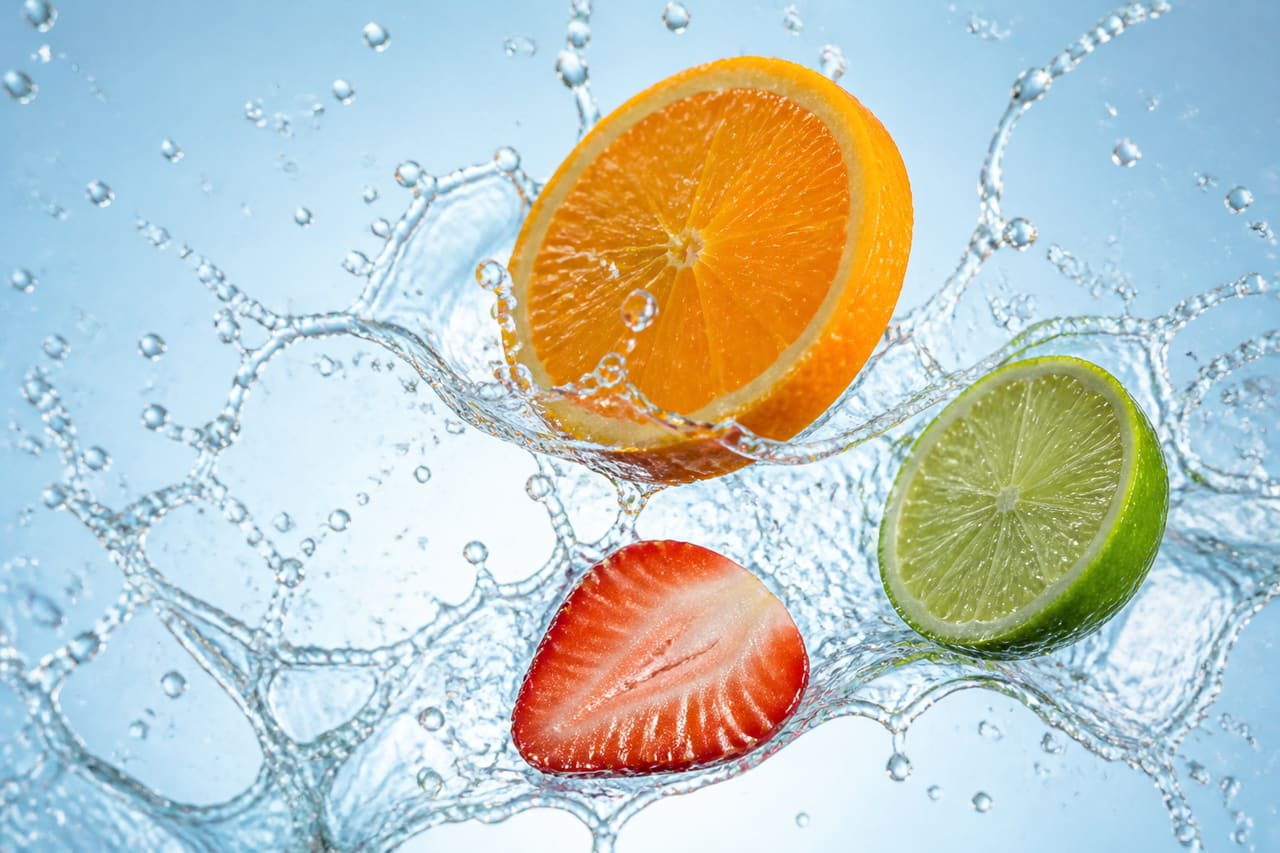 Vibrant Water Splash with Floating Fresh Fruit Slices