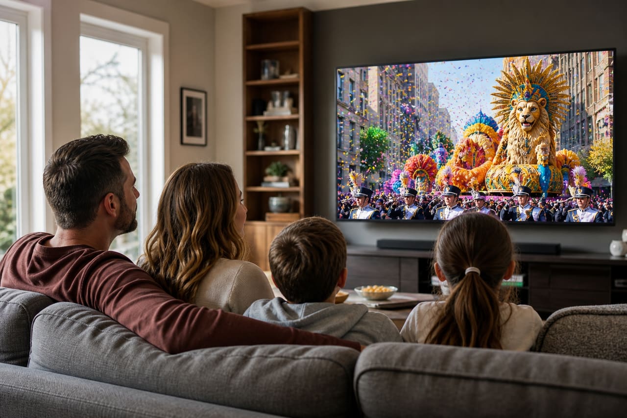 Family Watching a Colorful Holiday Parade on a Large Television