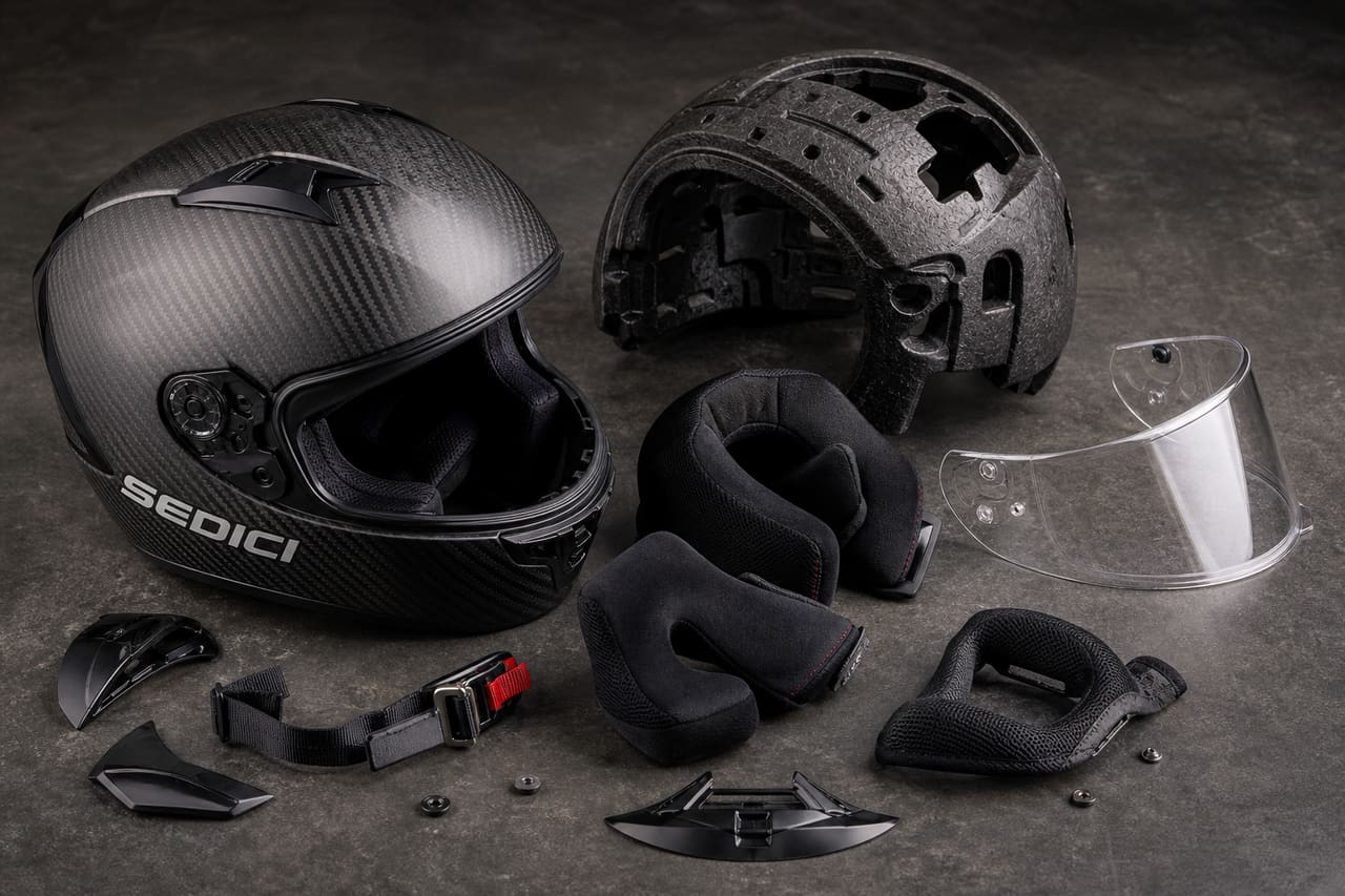 Exploded View of Sedici Motorcycle Helmet Components on Workbench