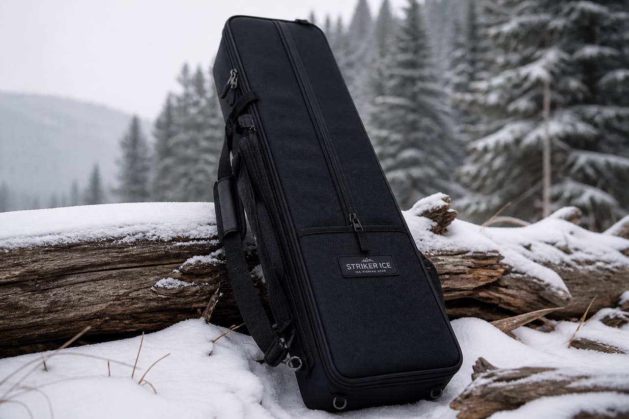 Allen Double Ice Rod Case Leaning Against a Snowy Log