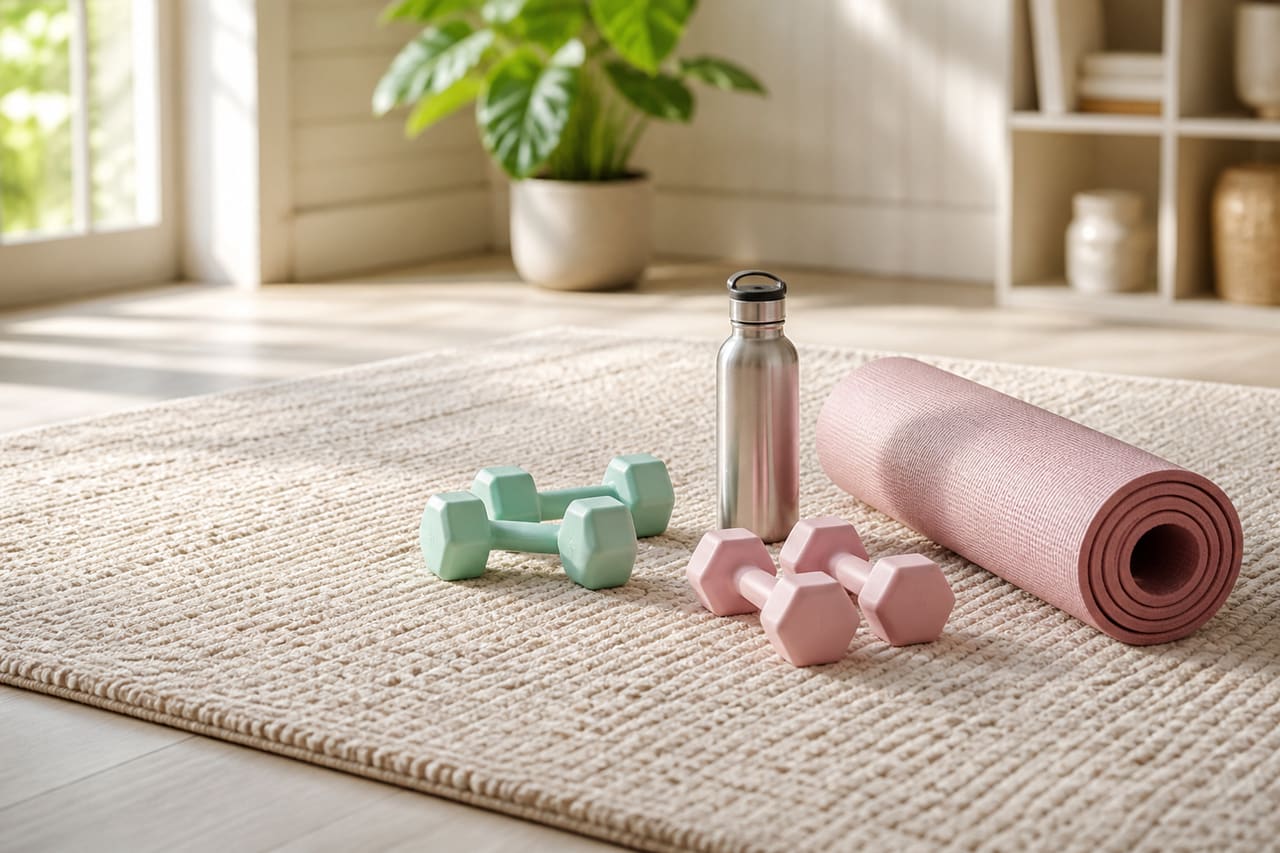 Fitness Equipment Arranged on Exercise Rugs in Modern Home