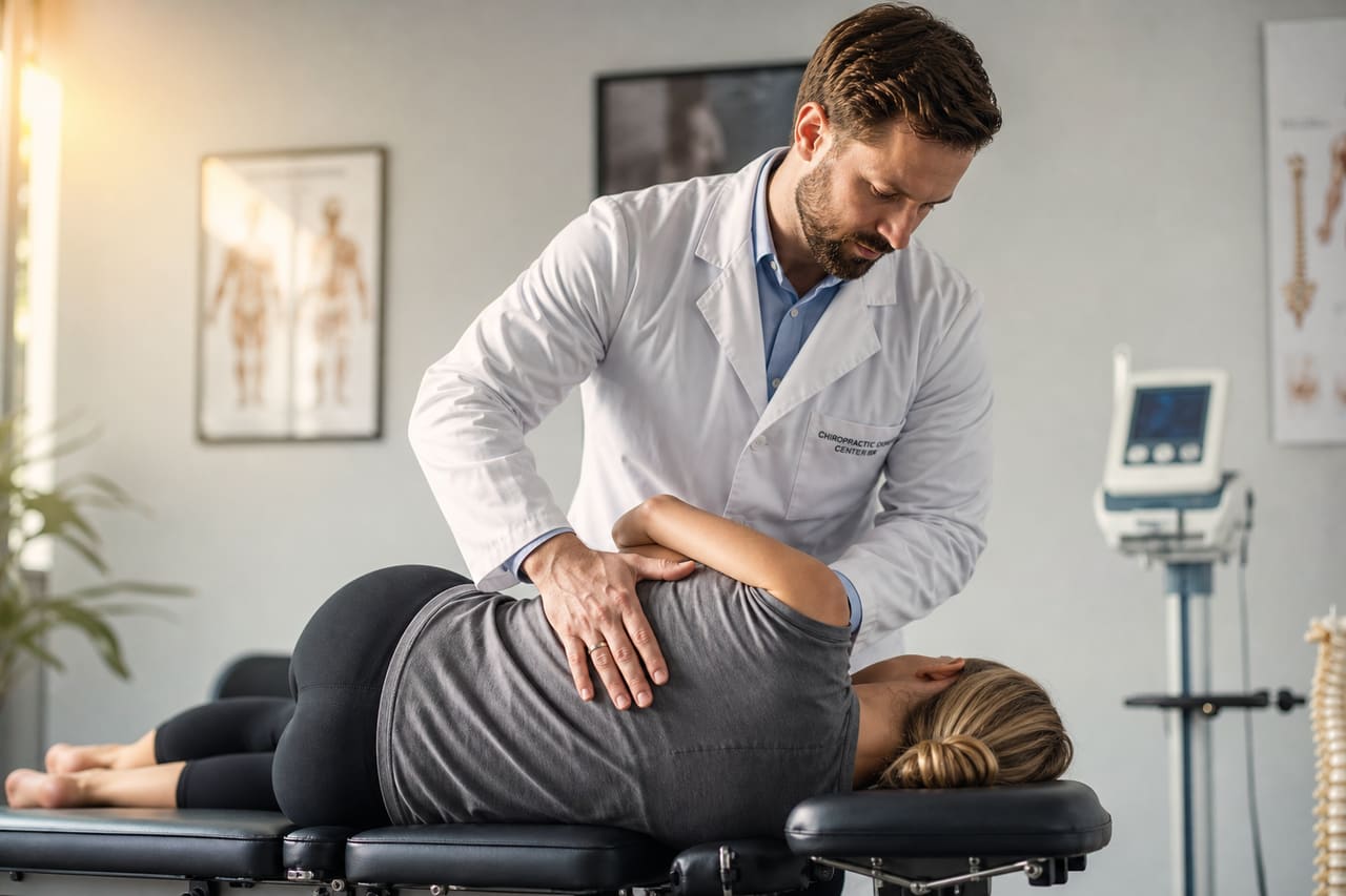 Chiropractor Performing Spinal Adjustment on Patient in Clinical Office