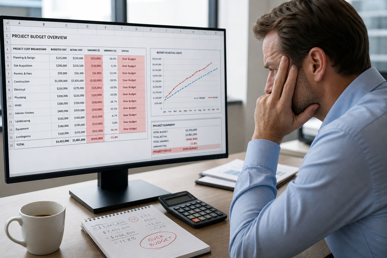 Stressed Project Manager Analyzing Budget Cost Overrun on Monitor