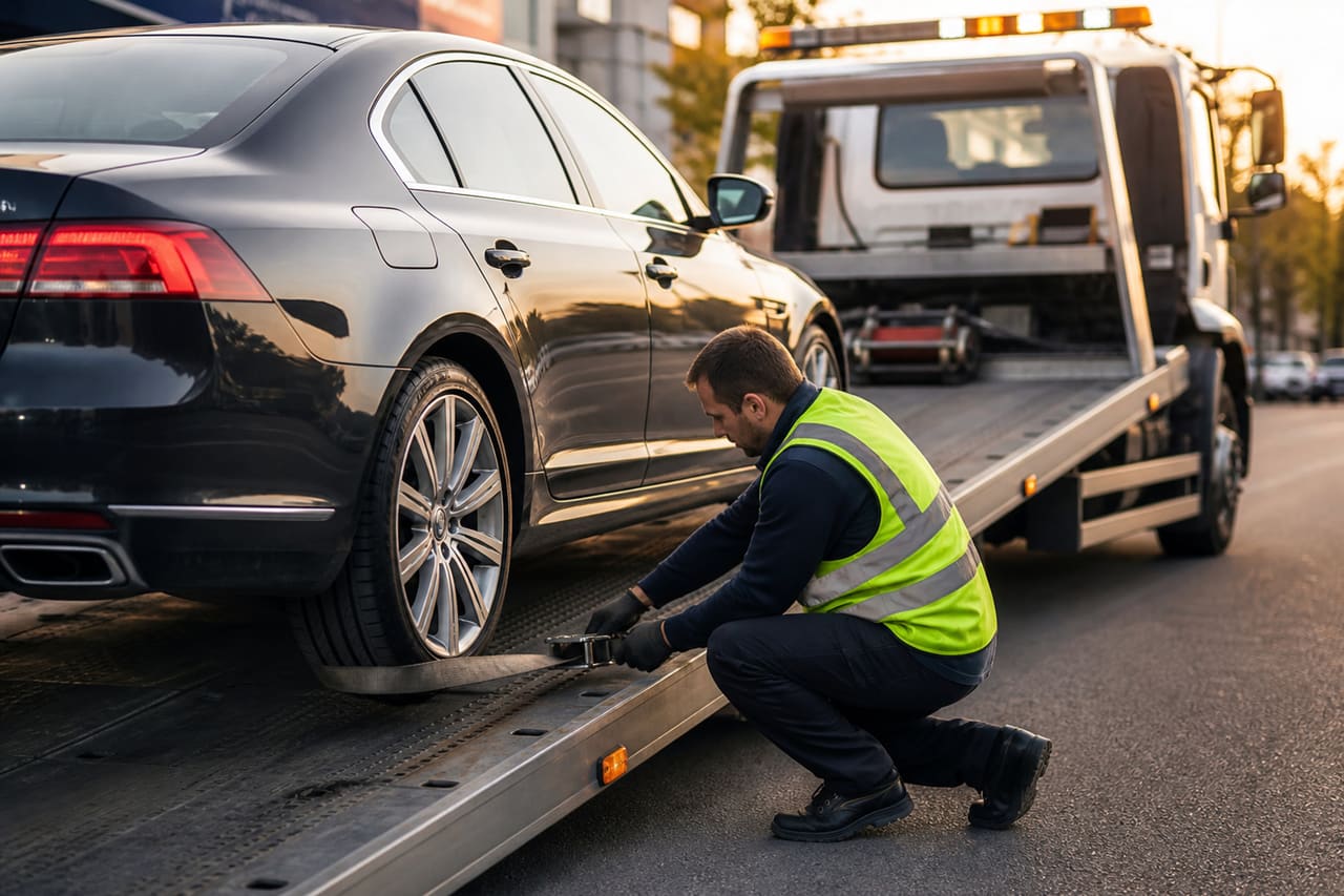 Luxury Sedan Being Loaded Onto Flatbed Tow Truck